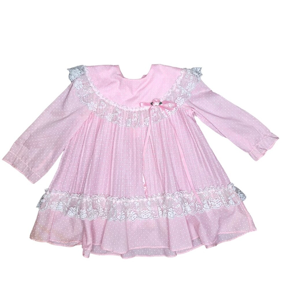 Vintage Hi-Girls inc. Pink Polka Dot Dress With Lace Trim & Bow baby dress 4t